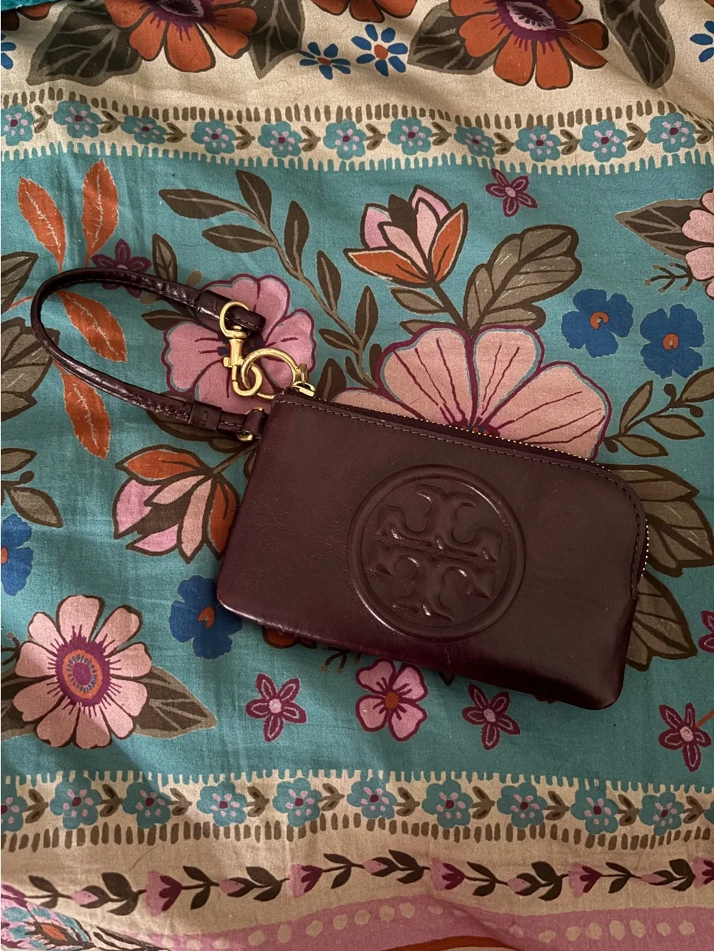 Tory Burch Dark Burgundy Leather Wristlet Key & Card Holder